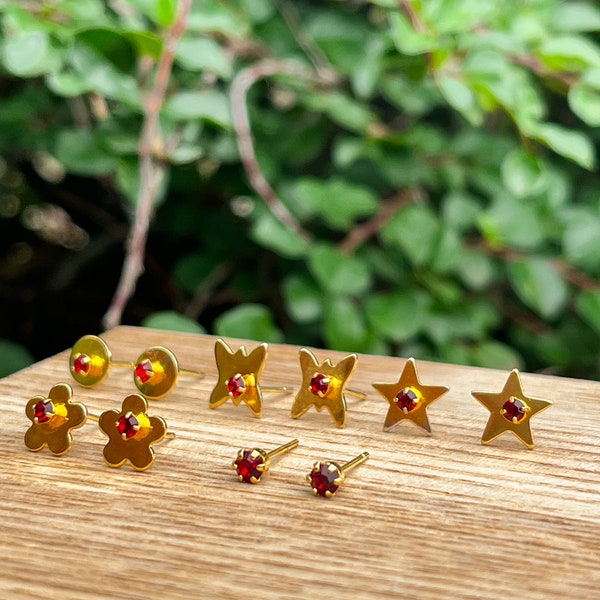 Vintage Gold Garnet Stud earrings flower butterfly star earring antique January birthstone earring set