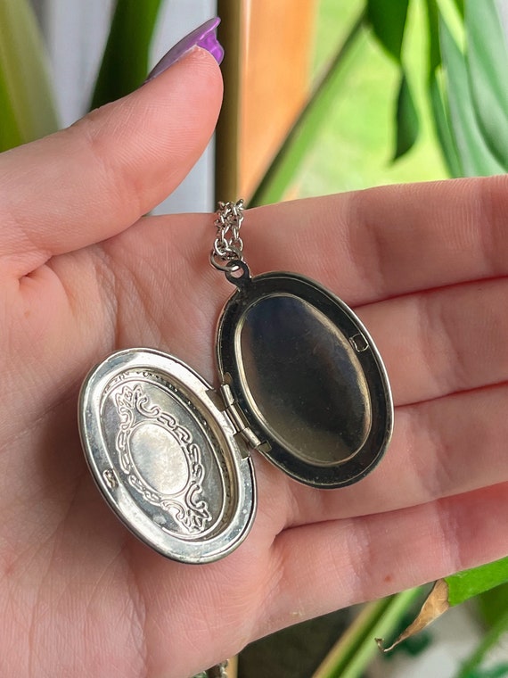 Vintage locket oval 2in pendant silver necklace 2… - image 6