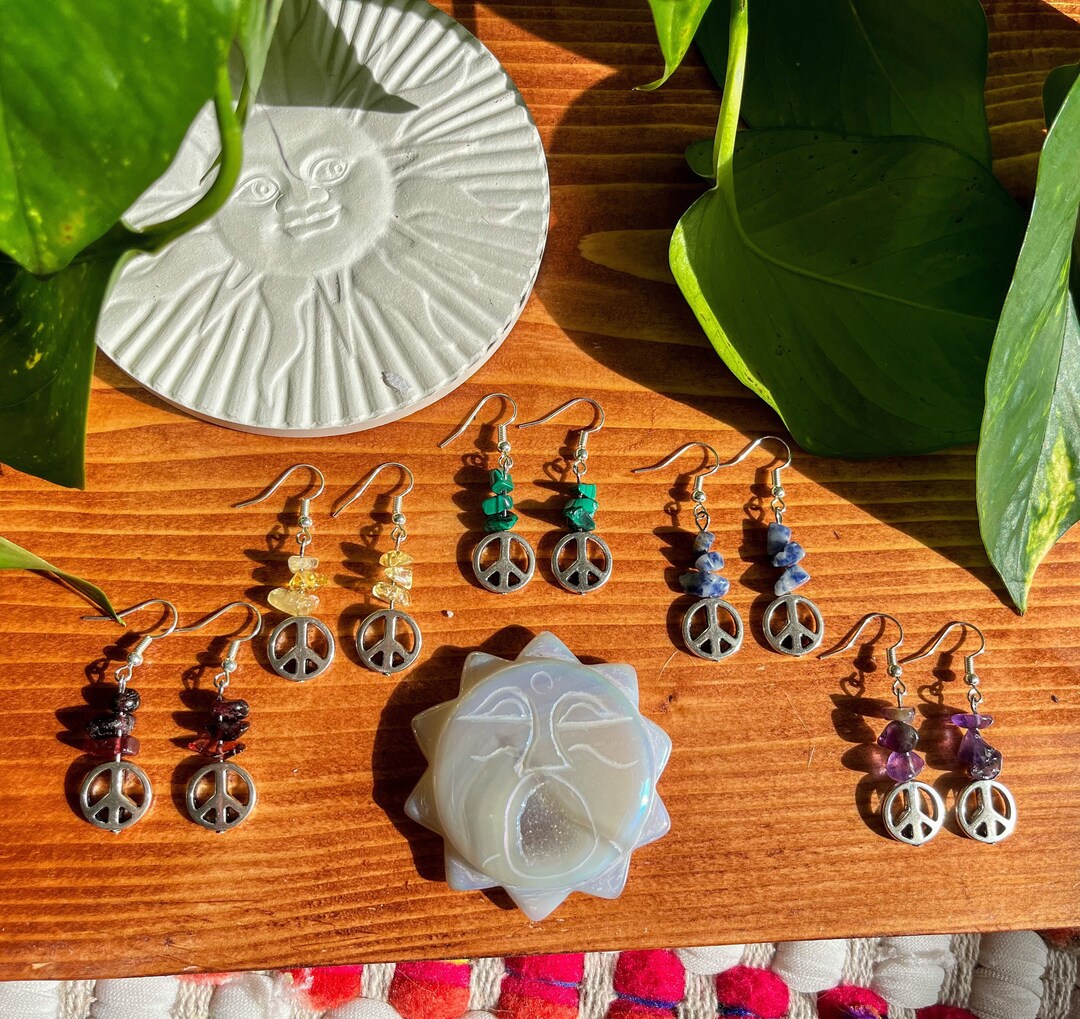 Hippie Crystal Peace Sign Earrings Gemstone Earrings Boho Hippie Earrings Hippie Jewelry Etsy