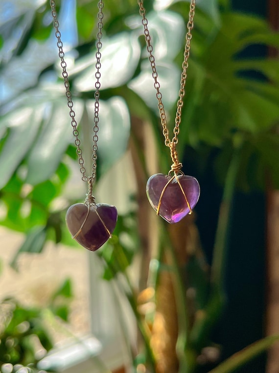 Amethyst Heart Crystal Necklace, Crystal Heart Pendant, Wire