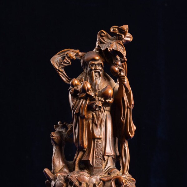 Feng Shui Feng Fu Lu Shouts San Xing Stars trois étoiles, Statue en bois chanceux, sculpture brune