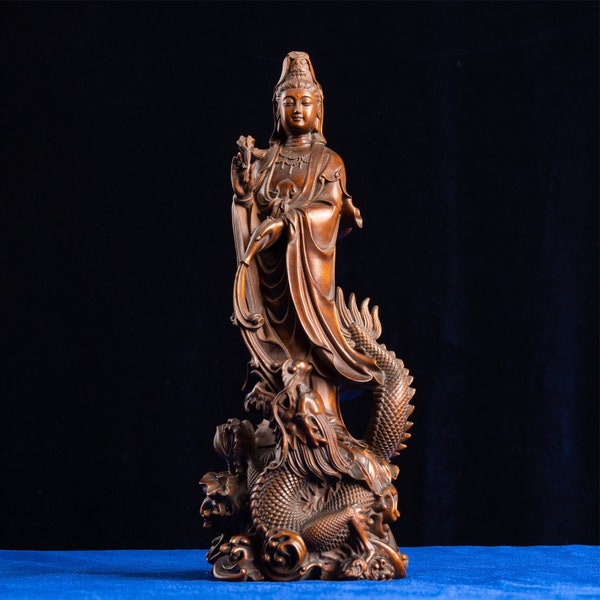 Dragon Guan Yin Statue - Handmade Wooden Buddha Sculpture, Chinese Dragon Wood Carving