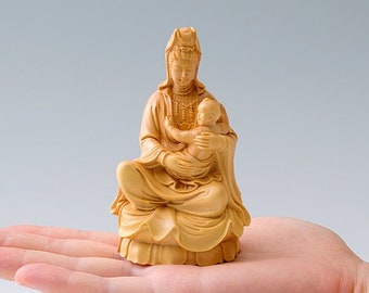 Wooden Guan Yin with Baby Buddha Statue - Serene Motherly Love, Spiritual Home Decor
