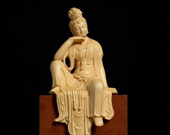 Solid Wood Sitting Guanyin Buddha Statue - Handcrafted Bodhisattva Carving for Home or Temple Decor