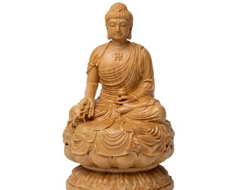 Antique-Style Hand-Carved Medicine Buddha Statue with Lotus Base - Wooden Craftsmanship Ornament - CCZHIDAO