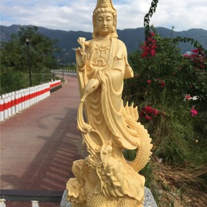 Dragon Guanyin Wooden Buddha Statue, Solid Wood Carved Bodhisattva ...
