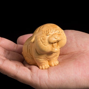 Miniature Tiger Mascot, Handcrafted Wood Carving, Lucky Charm, Cute Solid Wood Animal Ornament