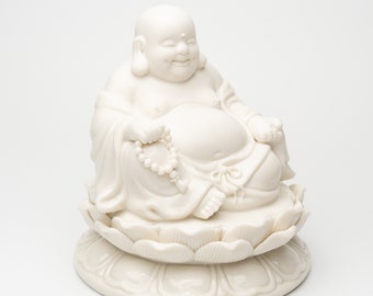 Seated Lucky Buddha Ceramic Statue - Creative Home and Office Entryway Decor, Zen Laughing Buddha for Tea Room Desktop