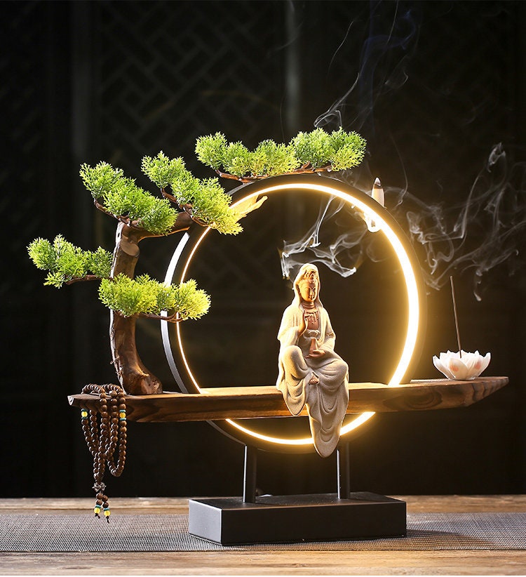 Porcellain can yin statua set con meditazione leggera a led Buddha kuan yin  incenso bruciatore quan yin statua artificiale bonsai bonsai -  Italia