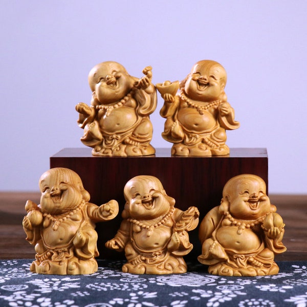 Five Budai - Handcrafted Wooden Laughing Buddha Collection