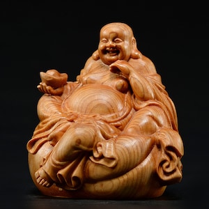 Sitting Laughing Buddha - Hand-Carved Wooden Statue for Positivity & Happiness