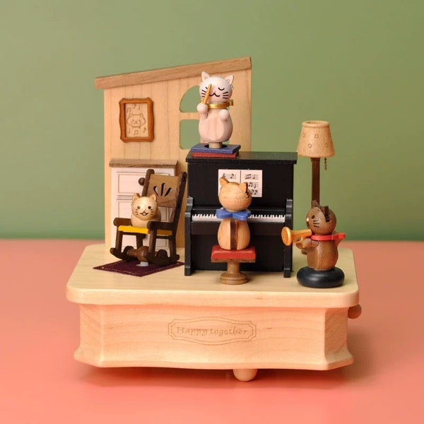 Wooden Music Box with Cat Band - Unique and Creative Gift for Her