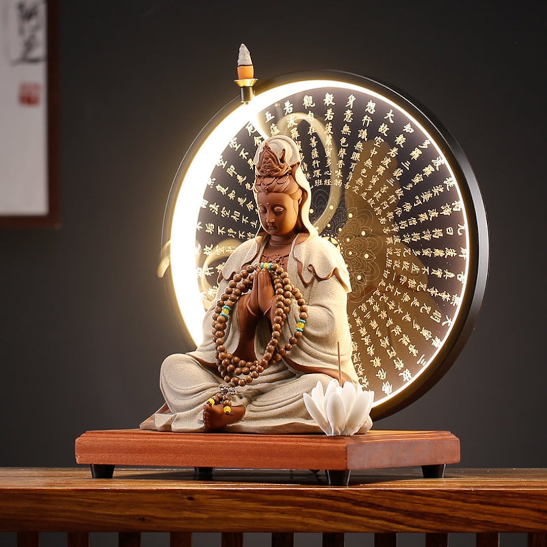 Ceramic Guan Yin Statue With LED Light and Lotus Incense Burner