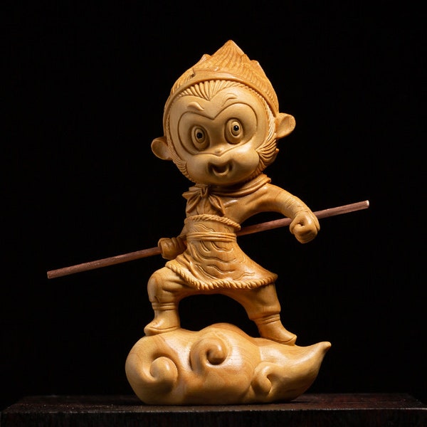 Sun Wukong Statue - Affenkönig Wolke Holz schnitzen Figur, Folklore inspiriert Hausdekoration Sammlerstück