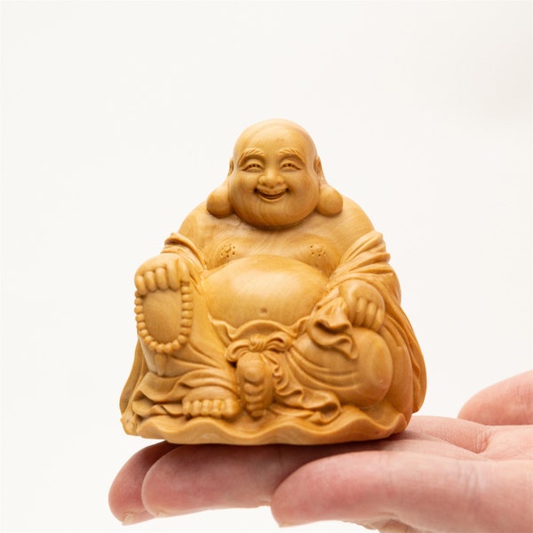 Hand-Carved Wood Laughing Buddha Statue - Petite Collectible Figurine for Buddhism Meditation Zen Decor