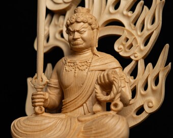 Japanese Acala Fudo Myoo statue,Handcrafted Wooden Carved,Immovable King Figurine,East Esoteric Solid Wood Sculpture