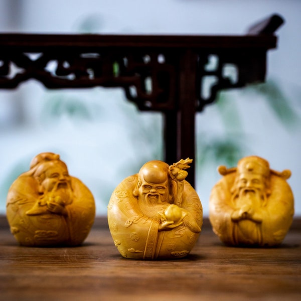 Three God Sculpture Figure Bouddha, Fu Lu Shou, trois étoiles, statue en bois de bon augure