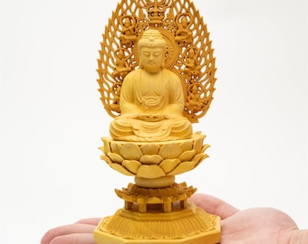 Handcrafted Wooden Shakyamuni Buddha Statue - Sitting on Lotus - Handmade Carving for Prayer Ornaments