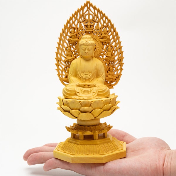 Handcrafted Wooden Shakyamuni Buddha Statue - Sitting on Lotus - Handmade Carving for Prayer Ornaments