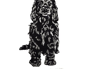 Impression linogravure cocker, art chien en édition limitée