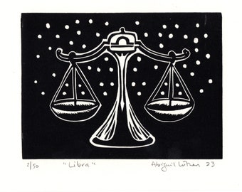 Libra Zodiac Sign Linocut Print - Handmade Limited Edition