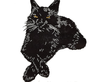 Black Cat Linocut Print: Limited Edition Handmade Wall Art