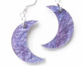 Crescent Moon Earrings, Purple Moon Phase Jewelry, Celestial Glitter Earrings, Purple Lover Gifts, Colorful Galaxy Swirl Half Moon Earring