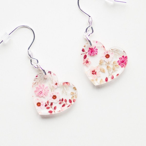 Small Floral Heart Earring Silver Stainless Steel Hooks Acrylic Dangle Dainty Hearts Earrings for Girls Pink Heart Earrings with Flowers