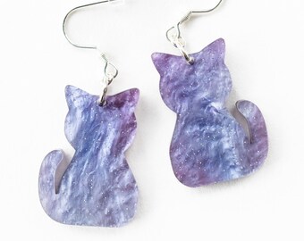 Purple Blue Glitter Cat Earrings, Galaxy Swirl Cat Shaped Earrings for Women, Acrylic Sparkly Purple Lover Jewelry, Gifts for Cat Mom