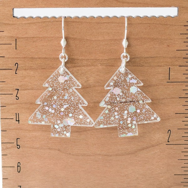 Sparkly Glitter Christmas Tree Earrings, Snowy Winter Earrings for the Holidays, Festive Acrylic Statement Earrings for Christmas Lover Gift