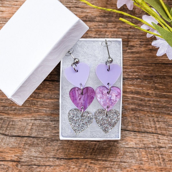Purple Heart Earrings Dangle Heart Earring Glitter Heart Purple Jewelry for Women Statement Earrings Tiered Heart Earrings Lightweight