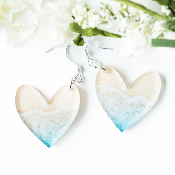 Heart Shaped Beach Earrings, Heart Acrylic Dangle Jewelry, Ocean Waves Cute Earrings for Women, Beach Lover Gifts, Fun Travel Vacation