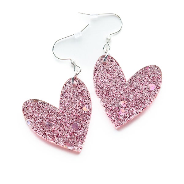 Pink Heart Earrings for Valentine's Day, Glitter Heart Acrylic Jewelry, Valentine Gift for Her, Sparkly Lightweight Hypoallergenic Earrings