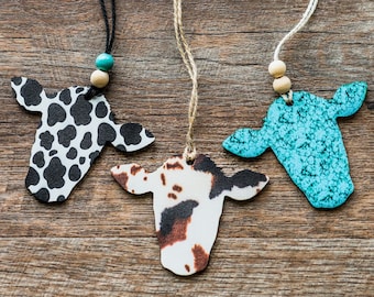 Cow Car Charm Hanging Cow Accessories for Car Wood Cow Print Cow Hanger Turquoise Rearview Mirror Accessory Cow Sign Car Cow Decor Mirror