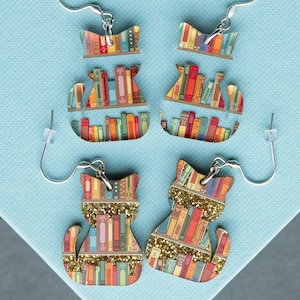 Cat Earrings with Books, Acrylic Bookish Cat Lover Gifts, Gift for Avid Reader, Book Themed Silver Cat Mom Dangle Earrings, Kitten Earring