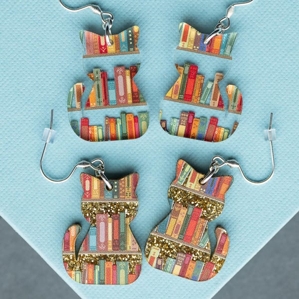 Cat Earrings with Books, Acrylic Bookish Cat Lover Gifts, Gift for Avid Reader, Book Themed Silver Cat Mom Dangle Earrings, Kitten Earring