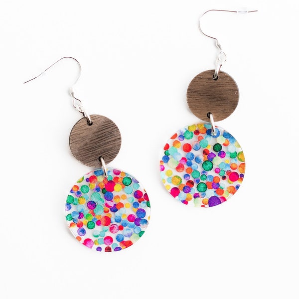 Big Colorful Rainbow Earrings Acrylic Dangling Brightly Bold Colored Ear Rings for Women Fun Cute Polka Dot Summer Confetti Pop Multi-Color