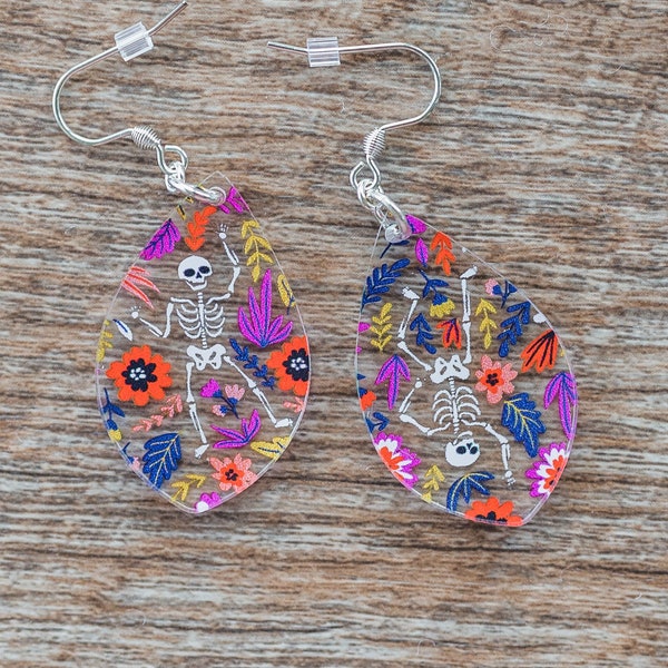 Halloween Skeleton Earrings Acrylic, Happy Skeletons Dancing, Colorful Fall Floral Earring, Spooky Skeletons, Dangle Earrings for Women