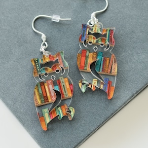 Owl Earrings, Acrylic Book Earrings, Gifts for Teacher, Book Themed Librarian Earrings, Avid Reader Gifts, Book Worm Earring, Owl Lover Gift