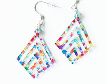 Brightly Colored Acrylic Dangle Earrings, Rainbow Polka Dot Lightweight Jewelry, Fun Bold Summer Earrings for Girls, Unique Multi Colored