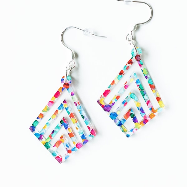 Brightly Colored Acrylic Dangle Earrings, Rainbow Polka Dot Lightweight Jewelry, Fun Bold Summer Earrings for Girls, Unique Multi Colored