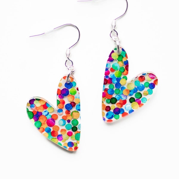 Small Confetti Heart Acrylic Earrings Rainbow Polka Dot Colorful Dangle Earrings for Girls Cute Girly Earrings Small Hearts Hypoallergenic