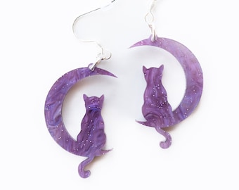 Cat Moon Earrings, Acrylic Purple Glitter Cat Jewelry, Cat Lover Gifts, Crescent Moon Earring, Gifts for Cat Mom, Cute Animal Earring Dangle