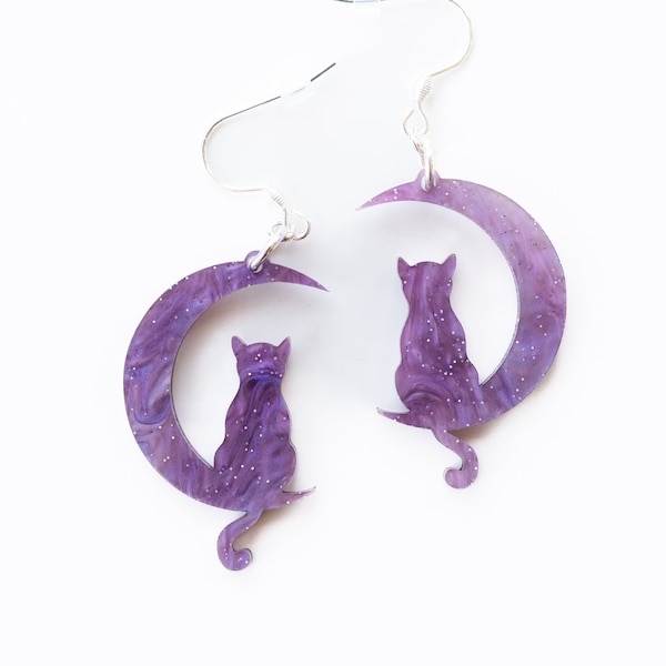 Cat Moon Earrings, Acrylic Purple Glitter Cat Jewelry, Cat Lover Gifts, Crescent Moon Earring, Gifts for Cat Mom, Cute Animal Earring Dangle