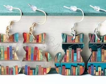 Book Cat Earrings, Avid Reader Gifts, Bookish Cat Lover Jewelry, Acrylic Dangle Book Earrings for Teacher, Gift for Cat Mom, Kitten Earring