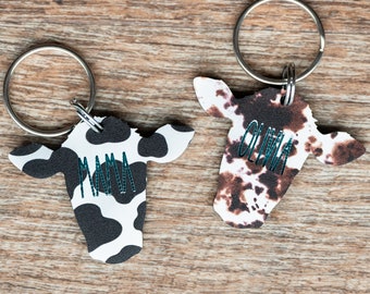 Cow Keychain Personalized, Mama Keychain, Teal Blue Mirror Acrylic, Cow Print Name Keychain, Western Accessory, Mother's Day Gift, Cow Lover