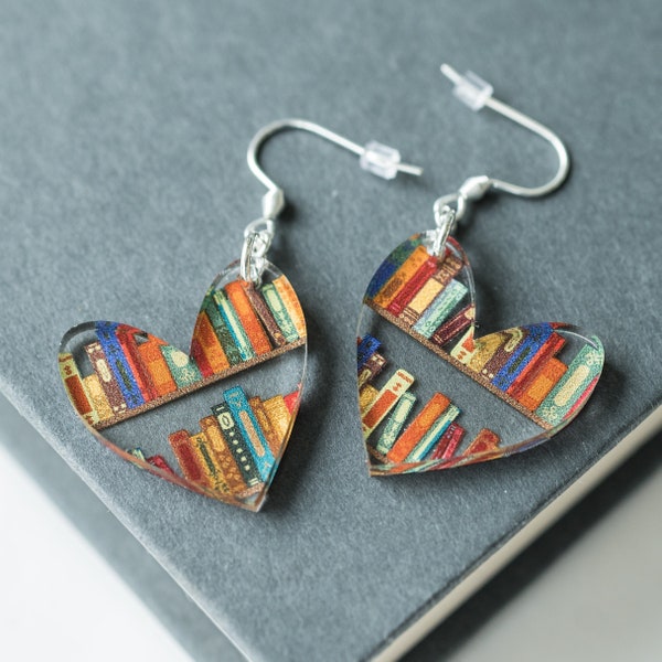 Bookshelf Heart Earrings, Acrylic Book Lover Jewelry, Book Worm Gifts for Avid Readers, Heart Shaped Bookish Earrings, Teacher Appreciation