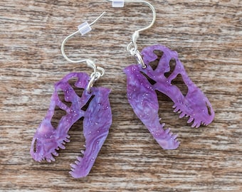 TRex Skull Dangle Earrings, Purple Glitter Dino Skull Earrings, Lightweight Acrylic Dinosaur Earrings, Dinosaur Lover Gift, Jurassic Jewelry