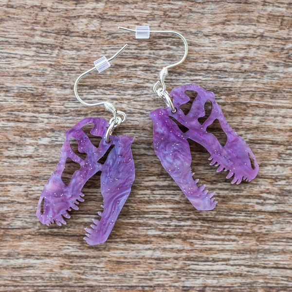 TRex Skull Dangle Earrings, Purple Glitter Dino Skull Earrings, Lightweight Acrylic Dinosaur Earrings, Dinosaur Lover Gift, Jurassic Jewelry