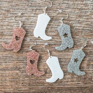 Glitter Cowgirl Boot Earrings, Acrylic Sparkly Western Jewelry for Country Girls, Bachelorette Trip Gifts for Bridesmaids, Concert Earrings